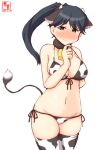  1girl alternate_costume animal_ears animal_print artist_logo bikini black_eyes black_hair blush breasts commentary_request cow_ears cow_horns cow_print cow_tail cowboy_shot dated front-tie_top highres horns houshou_(kancolle) kanon_(kurogane_knights) kantai_collection large_breasts long_hair looking_at_viewer lowleg lowleg_bikini navel nose_blush one-hour_drawing_challenge ponytail side-tie_bikini simple_background solo swimsuit tail thigh-highs white_background white_bikini white_legwear 