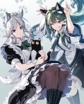  2girls animal animal_ears apron arms_up bangs black_legwear blue_eyes boots bow bowtie brooch cat cat_ears cross-laced_footwear detached_sleeves eyebrows_visible_through_hair frog_hair_ornament green_hair hair_ornament hair_tubes highres holding holding_animal holding_cat izayoi_sakuya jewelry kemonomimi_mode kochiya_sanae lace-up_boots looking_at_viewer maid_apron maid_headdress multiple_girls necktie one_eye_closed pantyhose paw_print petticoat short_sleeves silver_hair skirt snake_hair_ornament tongue tongue_out touhou waist_bow zounose 