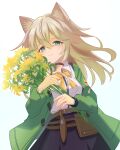  1girl absurdres animal_ears arknights black_choker black_collar blonde_hair choker coat collar commentary dog_ears dog_girl flower green_coat green_eyes highres holding holding_flower infection_monitor_(arknights) long_hair looking_at_viewer open_clothes open_coat podenco_(arknights) ribbon shino_duka simple_background smile solo upper_body white_background yellow_flower yellow_ribbon 