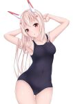 1girl alternate_costume alternate_hairstyle arm_behind_head arms_up ayanami_(azur_lane) azur_lane bangs black_swimsuit breasts collarbone commentary_request covered_navel eyebrows_visible_through_hair hair_down hair_ornament hairclip head_tilt headgear highres koko_sokodoko long_hair looking_at_viewer medium_breasts orange_eyes parted_lips ponytail retrofit_(azur_lane) school_swimsuit sidelocks silver_hair simple_background solo swimsuit white_background wide_hips