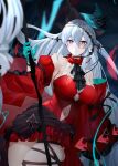  1girl arknights breasts clothing_cutout detached_sleeves dress gloves hat highres large_breasts long_hair navel navel_cutout red_dress red_eyes silver_hair skadi_(the_corrupting_heart)_(arknights) very_long_hair xiujia_yihuizi 