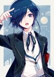  1boy armband bangs black_jacket blue_eyes blue_hair copyright_name finger_to_head gekkoukan_high_school_uniform hair_over_one_eye highres jacket long_sleeves male_focus moon open_mouth persona persona_3 school_uniform shirt solo star_(symbol) tyo197snh white_shirt yuuki_makoto 