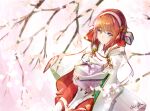  1girl blurry box cherry_blossoms clear_glass_(mildmild1311) depth_of_field fire_emblem fire_emblem_fates hairband highres holding holding_box japanese_clothes light_rays long_sleeves looking_at_viewer obentou outdoors pink_eyes redhead sakura_(fire_emblem) signature smile solo tree twitter_username 