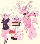  1girl :d ;d android_21 arabian_clothes armlet black_sclera blush bracelet breasts cake closed_mouth colored_sclera colored_skin dragon_ball dragon_ball_fighterz drooling eating food formal fruit glasses gold harem_outfit highres inkerton-kun jewelry kirby kirby_(series) majin_android_21 mouth_veil multiple_views navel office_lady one_eye_closed open_mouth pants pink_skin pointy_ears skirt_suit smile strawberry suit tail tail_through_clothes white_hair white_pants 