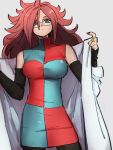  1girl android_21 blue_eyes breasts checkered checkered_dress closed_mouth dragon_ball dragon_ball_fighterz dress grey_background hair_between_eyes kemachiku labcoat long_hair looking_at_viewer medium_breasts redhead simple_background solo 