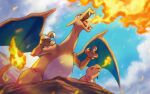  blue_eyes breathing_fire charizard charmander claws clouds commentary day fangs fire from_below gen_1_pokemon misica no_humans open_mouth outdoors pokemon pokemon_(creature) sky standing tongue 