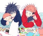  2boys animal black_eyes black_hair black_hoodie blush cat child child_drawing cup dmsco1803 full_body fushiguro_megumi highres holding_crayon hood hood_down hoodie itadori_yuuji jujutsu_kaisen long_sleeves looking_at_another lying male_focus multiple_boys on_stomach open_mouth pink_hair red_hoodie short_hair simple_background smile spiky_hair stuffed_toy toy undercut white_background yellow_eyes younger 
