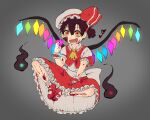  1boy ascot bobby_socks collar cosplay crossdressinging fangs flandre_scarlet flandre_scarlet_(cosplay) frilled_collar frilled_skirt frills hat heart highres jibaku_shounen_hanako-kun male_focus mary_janes mob_cap napsarerllygood open_mouth red_footwear red_skirt shoes short_sleeves skirt skirt_set socks solo touhou white_headwear white_legwear wings yellow_neckwear yugi_tsukasa 