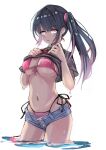  1girl bikini black_hair black_shirt blue_shorts breasts denim denim_shorts front-tie_bikini front-tie_top highres large_breasts lifted_by_self micro_shorts navel original pink_bikini red_eyes shirt shirt_lift short_sleeves shorts side-tie_bikini side_ponytail solo standing swimsuit swimsuit_under_clothes wading yuuka_(a0240765) 