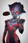  1girl \m/ alien artist_name blue_tongue breasts colored_tongue dark_persona fangs grey_background highres hkkmr red_eyes science_fiction small_breasts smile solo tokusatsu tongue tongue_out ultra_series ultraman_r/b ultrawoman_grigio ultrawoman_grigio_darkness upper_body 