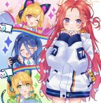  4girls arisu_(blue_archive) blue_archive blush cat_ear_headphones cat_tail controller dark_blue_hair game_controller green_eyes hair_ornament hair_ribbon happy headphones jacket looking_at_viewer midori_(blue_archive) moa_(21energy12) momoi_(blue_archive) multiple_girls nyan_cat one_eye_closed open_mouth red_eyes redhead ribbon school_uniform short_hair siblings sidelocks tail twins twintails violet_eyes yuzu_(blue_archive) 