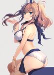  1girl adapted_costume bikini blue_eyes bracelet breasts brown_hair closed_mouth grey_background hair_between_eyes heart highres jewelry kantai_collection kasumi_(skchkko) large_breasts long_hair saratoga_(kancolle) side_ponytail simple_background smile solo swimsuit white_bikini 