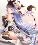 1girl animal_print blue_hair breasts cow_print cow_tail detached_sleeves draph from_behind granblue_fantasy hat highres horns large_breasts long_hair pointy_ears shatola_(granblue_fantasy) shorts tail thigh-highs twitter_username yomichi_clay 