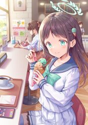  3girls airi_(blue_archive) aqua_bow aqua_eyes bangs bar_stool black_hair blue_archive blue_legwear blue_sailor_collar blush bow bowtie cellphone chocolate_mint_ice_cream coffee coffee_mug commentary counter cup day eyebrows_visible_through_hair food hair_ornament halo hirokazu_(analysis-depth) holding holding_food holding_spoon ice_cream ice_cream_cone ice_cream_hair_ornament long_hair long_sleeves looking_at_viewer miniskirt mug multiple_girls parted_bangs phone revision sailor_collar school_uniform serafuku sitting skirt smartphone smile spoon stool thigh-highs tray white_serafuku white_skirt window 