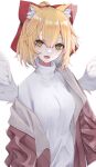  1girl absurdres blonde_hair bow breasts eyebrows_visible_through_hair gengetsu_(touhou) hair_between_eyes hair_bow highres jacket looking_at_viewer medium_breasts open_mouth red_bow red_jacket short_hair simple_background solo sweater touhou touhou_(pc-98) tsune_(tune) turtleneck turtleneck_sweater white_background white_sweater white_wings wings yellow_eyes 