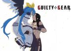  1boy 1girl ^_^ bare_shoulders black_hair blue_hair carrying couple dizzy_(guilty_gear) guilty_gear guilty_gear_xrd guilty_gear_xrd:_revelator happy long_hair looking_at_another smile testament_(guilty_gear) wallpaper white_background white_dress wings 