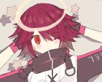  1girl arknights arms_behind_head arms_up black_gloves blush breasts closed_mouth clothes_writing exusiai_(arknights) gloves hair_over_one_eye halo high_collar jacket looking_at_viewer melanbread one_eye_closed red_eyes redhead short_hair simple_background small_breasts star_(symbol) symbol_commentary tan_background white_jacket 