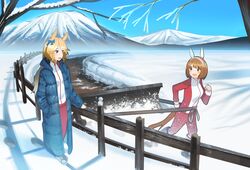  2girls absurdres animal_ears ashinowoto bare_tree blonde_hair blue_coat blue_eyes blush boots bow breasts brown_eyes brown_hair clenched_hands coat day eye_contact fence footprints gold_city_(umamusume) hair_bow hairband hand_in_pocket highres hooded_coat horse_ears horse_girl horse_tail jacket long_hair long_sleeves looking_at_another mountain multiple_girls open_clothes open_coat open_mouth outdoors pants red_jacket red_pants shoes short_hair small_breasts sneakers snow snowplow sweatdrop tail track_jacket tree umamusume walking yukino_bijin_(umamusume) 