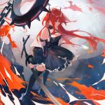  1girl arknights bare_shoulders collar demon_girl demon_horns dress high_heels highres holding holding_weapon horns kneehighs lluyss long_hair looking_down redhead solo spiked_collar spikes surtr_(arknights) sword weapon 