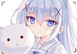  1girl :&lt; angora_rabbit animal bangs blue_eyes blush closed_mouth commentary_request eyebrows_visible_through_hair gochuumon_wa_usagi_desu_ka? hair_between_eyes hair_ornament highres hizaka kafuu_chino long_hair looking_at_viewer rabbit shirt silver_hair simple_background tippy_(gochiusa) upper_body viewfinder white_background white_shirt x_hair_ornament 