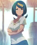  1girl arms_under_breasts barrel blue_eyes blue_hair blue_skirt breasts bright_pupils closed_mouth collarbone commentary_request day ero_kaeru frown hair_ornament lana&#039;s_mother_(pokemon) long_hair mature_female no_sclera outdoors pokemon pokemon_(anime) pokemon_sm_(anime) raised_eyebrows shirt short_sleeves skirt solo white_pupils white_shirt 