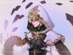 1boy blindfold bow bowtie capelet catasrui green_hair highres hood hood_up hooded_capelet male_focus open_mouth pinocchio_(sinoalice) short_hair simple_background sinoalice 