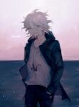  1boy bangs black_pants collarbone commentary_request cowboy_shot dangan_ronpa_(series) dangan_ronpa_2:_goodbye_despair dated green_eyes green_jacket grey_hair hair_between_eyes hands_in_pockets highres jacket komaeda_nagito long_sleeves looking_at_viewer male_focus messy_hair nakiyande open_clothes open_jacket open_mouth pants print_shirt shiny shiny_hair shirt short_hair smile solo squinting standing white_hair white_shirt 