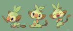  bishamon_(usagi_ba) bright_pupils brown_eyes closed_eyes closed_mouth creature gen_8_pokemon green_background grookey hands_together highres holding holding_stick multiple_views pokemon simple_background sitting smile starter_pokemon stick symbol_commentary toes white_pupils |d 