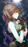  1boy bangs bob_cut bread brown_hair dress food gloves glowing green_eyes green_hair gretel_(sinoalice) grin highres holding holding_food looking_at_viewer male_focus multicolored_hair open_mouth sinoalice smile solo teroru two-tone_hair 