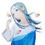  1girl blue_eyes blue_hair collarbone fish goldfish hand_up highres index_finger_raised long_hair long_sleeves original oystermiao parted_lips print_shirt shirt simple_background solo surreal tears upper_body white_background 