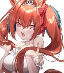  1girl :d animal_ears bangs bare_shoulders blush breasts collarbone daiwa_scarlet_(umamusume) eyebrows_visible_through_hair fang frilled_sleeves frills hair_between_eyes hair_intakes holding holding_hair horse_ears long_hair looking_at_viewer medium_breasts open_mouth pink_eyes puffy_short_sleeves puffy_sleeves redhead shiromoru_(yozakura_rety) short_sleeves signature simple_background skin_fang smile solo tiara twintails umamusume white_background 