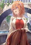  1girl :d arm_at_side bangs blush breasts bridge brown_legwear casual collarbone day eyebrows_visible_through_hair feet_out_of_frame gochuumon_wa_usagi_desu_ka? gondola grey_jacket hair_between_eyes hair_ornament hairclip hand_on_own_knee highres hoto_cocoa jacket ks_(xephyrks) large_breasts long_sleeves looking_away looking_to_the_side miniskirt older open_mouth orange_hair outdoors pantyhose red_shirt red_skirt shirt short_hair skirt smile solo unbuttoned unbuttoned_shirt violet_eyes 