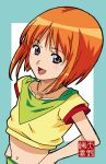  1girl amano_yoki crop_top elpeo_puru gundam gundam_zz midriff navel open_mouth orange_hair smile solo upper_body violet_eyes 