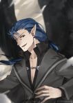  1boy arms_up blue_hair collared_shirt crimsonfire3 exposed_muscle fire_emblem fire_emblem:_path_of_radiance fire_emblem:_radiant_dawn long_hair looking_at_viewer male_focus naesala_(fire_emblem) open_mouth pectorals pointy_ears ponytail shirt upper_body wings 