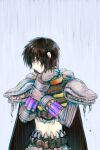  1boy armor bangs black_cape black_hair cape closed_mouth commentary_request genetic_(ragnarok_online) hair_between_eyes living_clothes looking_to_the_side male_focus midriff misuguu ragnarok_online rain shiny shiny_hair short_hair solo teeth upper_body violet_eyes wet 