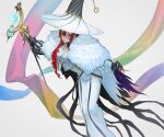  1girl dress fate/grand_order fate_(series) feather_boa hat highres long_dress long_hair miss_crane_(fate) redhead smile staff violet_eyes waterstaring white_dress 