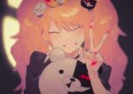  1girl bangs bear_hair_ornament black_choker black_shirt blonde_hair blurry blush choker closed_eyes commentary_request crown dangan_ronpa:_trigger_happy_havoc dangan_ronpa_(series) enoshima_junko eyebrows_visible_through_hair grin hair_ornament holding komaeda_nagito long_hair monokuma nail_polish nakiyande red_nails shiny shiny_hair shirt smile solo twintails upper_body v 