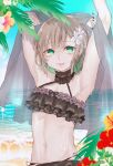  1boy bangs beach bikini black_nails bob_cut brown_hair choker flower green_hair gretel_(sinoalice) hair_flower hair_ornament happy looking_at_viewer multicolored_hair nail_polish ocean open_mouth otoko_no_ko patapatahnr sand short_hair sinoalice sky solo swimsuit tree two-tone_hair wet 