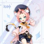 +_+ 1girl :d :e animal_ears animal_print arm_up armpit_peek blue_eyes bow cat_ears cat_girl cat_print cat_tail commentary_request detached_sleeves diona_(genshin_impact) eyes_visible_through_hair genshin_impact gloves hair_bow hair_ribbon hat highres looking_at_viewer open_mouth paw_pose pink_hair que_meng_meng ribbon short_hair shorts sidelocks smile solo symbol-shaped_pupils tail thick_eyebrows v-shaped_eyebrows white_gloves 