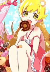  absurdres animal_ears bandaid bandaid_on_knee bear_ears blonde_hair blush_stickers doughnut fang food highres holding holding_food mashimaro_tabetai monogatari_(series) nail_polish oshino_shinobu pink pink_nails pink_ribbon ribbon strap_slip yellow_eyes 