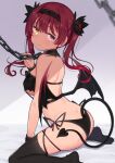 1girl absurdres bangs bat_wings blush breasts chain hair_ribbon heterochromia highres hololive houshou_marine kaname_(melaninusa09) large_breasts lingerie long_hair looking_at_viewer open_mouth red_eyes redhead ribbon smile solo twintails underwear virtual_youtuber wings yellow_eyes 