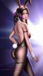  1girl aerith_gainsborough animal_ears arm_strap ass bare_shoulders black_hair black_leotard braid braided_ponytail breasts bunny_tail detached_collar fake_animal_ears final_fantasy final_fantasy_vii final_fantasy_vii_remake green_eyes highres large_breasts leotard liang_xing lips long_hair looking_at_viewer multicolored_hair pantyhose parted_lips playboy_bunny profile rabbit_ears signature solo strapless strapless_leotard tail thigh_strap two-tone_hair watermark web_address wrist_cuffs 