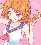  1girl aikatsu! aikatsu!_(series) arm_behind_head armpit_crease bare_arms bare_shoulders blouse blue_sailor_collar braid character_name close-up copyright_name crop_top cropped_torso dated face grin hands_up holding holding_hair long_hair looking_at_viewer low-tied_long_hair mizuki_maya neckerchief oozora_akari open_mouth orange_hair pink_background pink_eyes red_neckwear sailor_collar sideways_glance signature simple_background sleeveless_blouse smile solo teeth twin_braids upper_body white_blouse white_stripes 