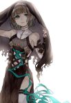  1boy bangs black_nails blunt_bangs bob_cut brown_hair closed_mouth dress earrings green_eyes green_hair gretel_(sinoalice) highres jewelry looking_at_viewer male_focus nail_polish patapatahnr sinoalice smile solo thigh-highs torn_clothes veil 