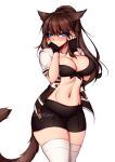  1girl animal_ears bangs bike_shorts bikini bikini_top black_gloves blue_eyes blush breasts brown_hair cat_ears cat_tail cowboy_shot eyebrows_visible_through_hair final_fantasy final_fantasy_xiv fingerless_gloves foxykuro gloves jacket large_breasts long_hair looking_at_viewer miqo&#039;te open_clothes open_jacket ponytail solo swimsuit tail thigh-highs white_background white_legwear 