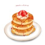  commentary_request food food_focus fruit misuguu no_humans original pancake plate simple_background stack_of_pancakes strawberry syrup translation_request whipped_cream white_background 