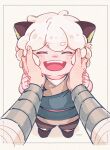  1boy animal_ears cat_boy cat_ears child closed_eyes eyebrows_visible_through_hair highres luoxiaohei male_focus open_mouth otjmohu shadow short_hair short_sleeves simple_background smile solo the_legend_of_luo_xiaohei white_background white_hair 