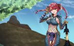  1girl breasts hair_ribbon hat heterochromia highres hololive houshou_marine large_breasts long_hair looking_at_viewer monster_hunter_(series) nargacuga_(armor) navel open_mouth red_eyes redhead ribbon solo twintails virtual_youtuber yellow_eyes 