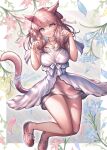  1girl animal_ears bangs bare_legs blue_eyes blush breasts cat_ears cat_tail choker closed_mouth collarbone commentary_request dress eyebrows_visible_through_hair final_fantasy final_fantasy_xiv flower full_body hands_up highres jewelry large_breasts long_hair looking_at_viewer miqo&#039;te mirukurim necklace paw_pose pink_hair red_footwear revision shoes smile solo tail thank_you thighs white_dress 