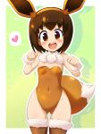  1girl :d ass_visible_through_thighs bangs blush_stickers border breasts brown_eyes brown_hair brown_leotard commentary_request covered_navel detached_collar fishnet_legwear fishnets fur-trimmed_legwear fur_cuffs fur_trim hairband hands_up heart highres konpeto leotard looking_at_viewer medium_hair open_mouth outline outside_border poke_kid_(pokemon) pokemon pokemon_(game) pokemon_ears pokemon_swsh pokemon_tail smile solo spoken_heart thigh-highs tongue upper_teeth white_border 